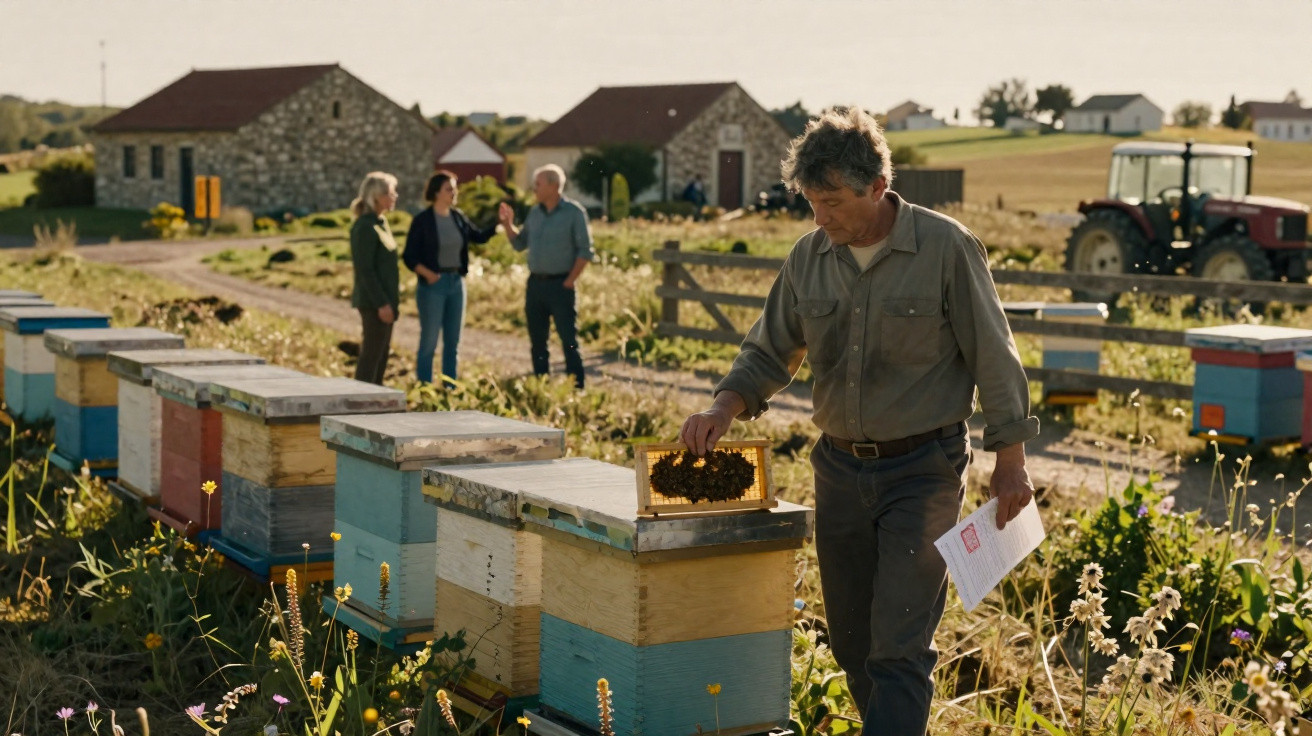 Apicultor inspecionando colmeia em campo com casas e pessoas conversando ao fundo em dia ensolarado.