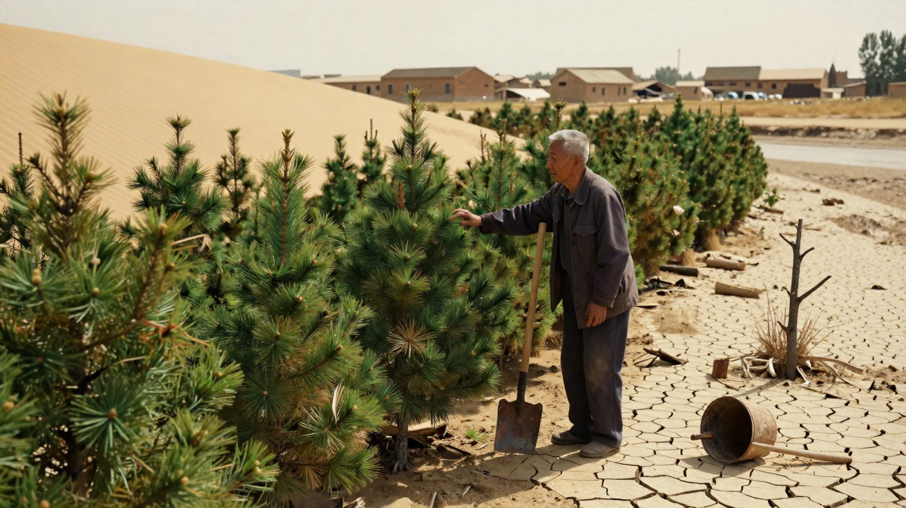 Homem idoso cuidando de pinheiros plantados em solo seco e rachado próximo a uma duna no deserto.