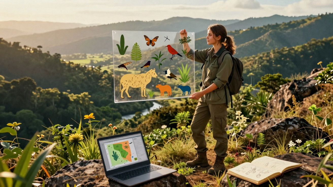 Mulher em área natural segura painel com ilustrações de animais e plantas, com laptop e caderno ao lado.