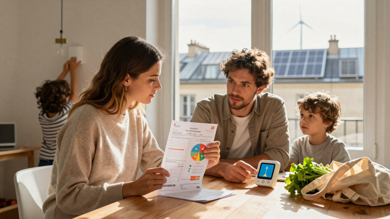 Família discutindo conta de energia ao lado de dispositivo que mostra consumo e janela com painel solar e turbina eólica.
