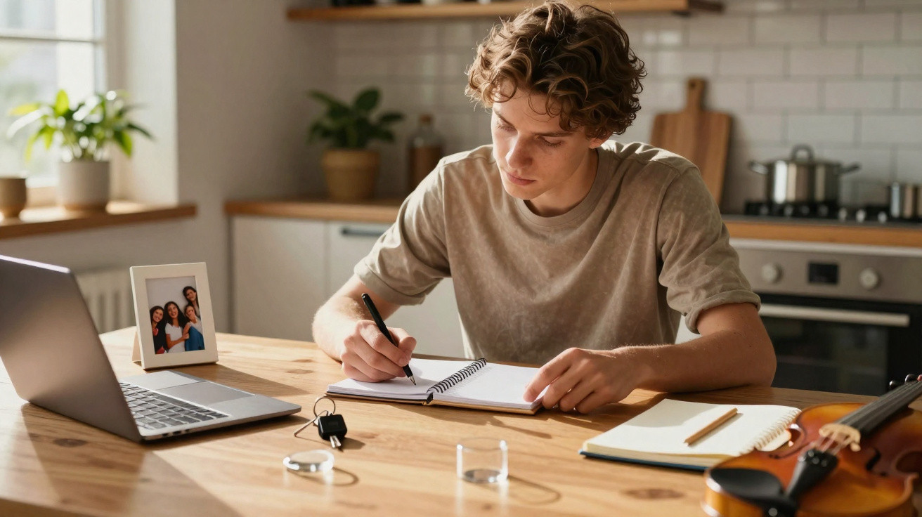 Jovem estudando em mesa com caderno, laptop, violino e fotografia de família em casa iluminada.