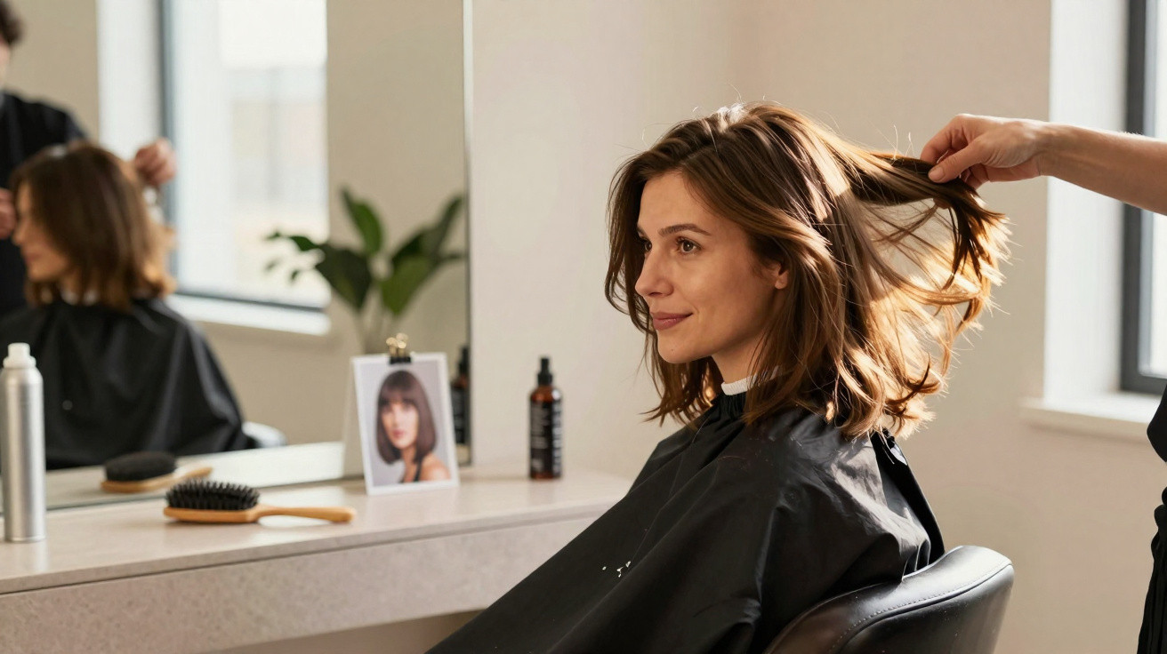 Mulher sentada em salão de beleza, recebe atendimento e tem cabelo levantado por cabeleireiro.