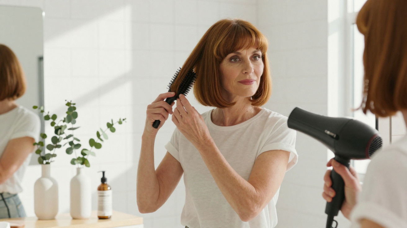 Mulher penteando o cabelo enquanto usa secador em banheiro iluminado e moderno.