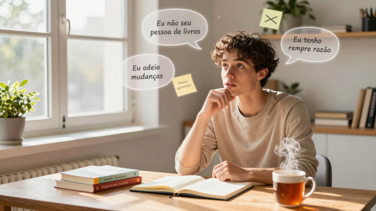 Jovem pensativo sentado à mesa com livros e anotações refletindo sobre aprendizados e atitudes.