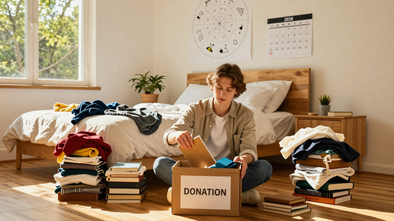 Jovem organizando roupas e livros em uma caixa de doação em quarto iluminado pela luz natural.