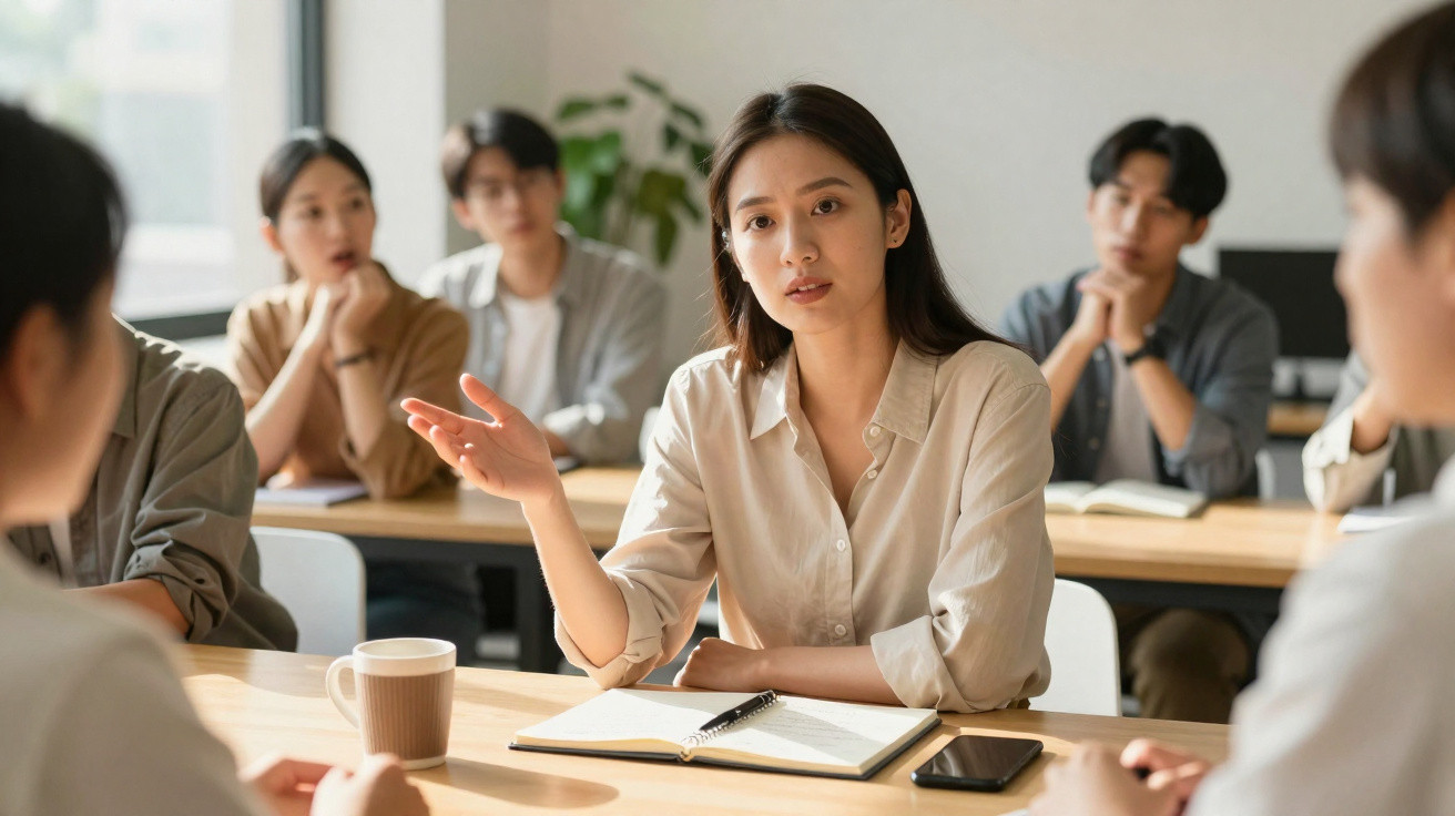Jovem mulher asiática falando para grupo em reunião informal em sala com mesa e cadernos.