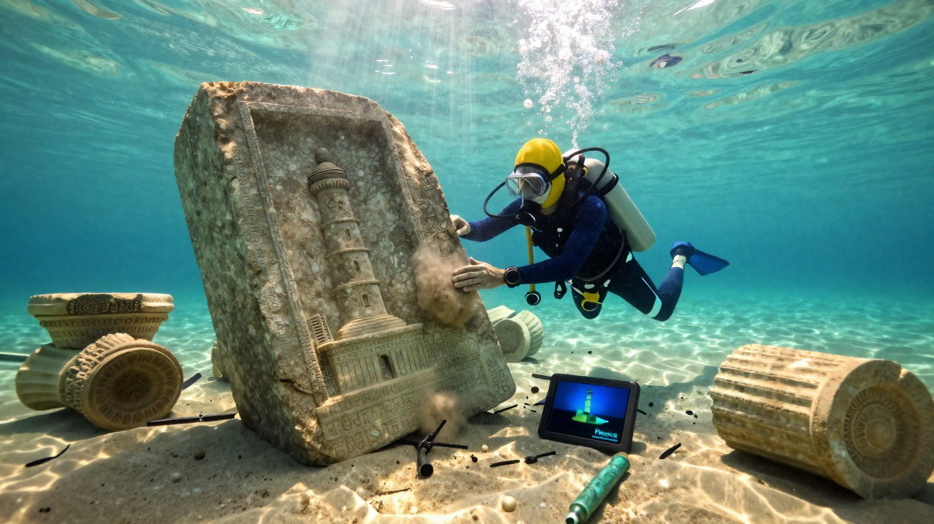 Mergulhador inspeciona ruínas subaquáticas com pedra esculpida de um farol em fundo marinho claro.