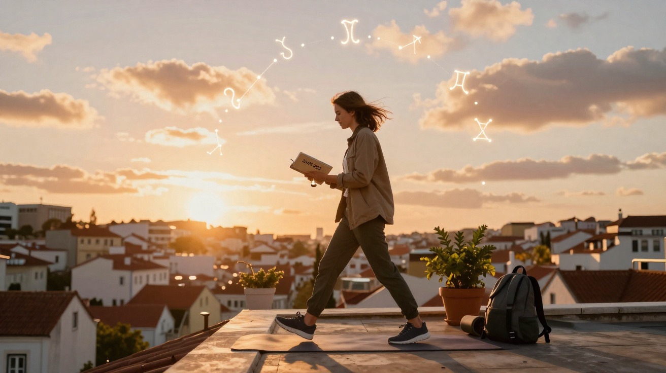 Mulher caminhando e lendo livro com símbolos de signos zodiacais ao pôr do sol na cidade.