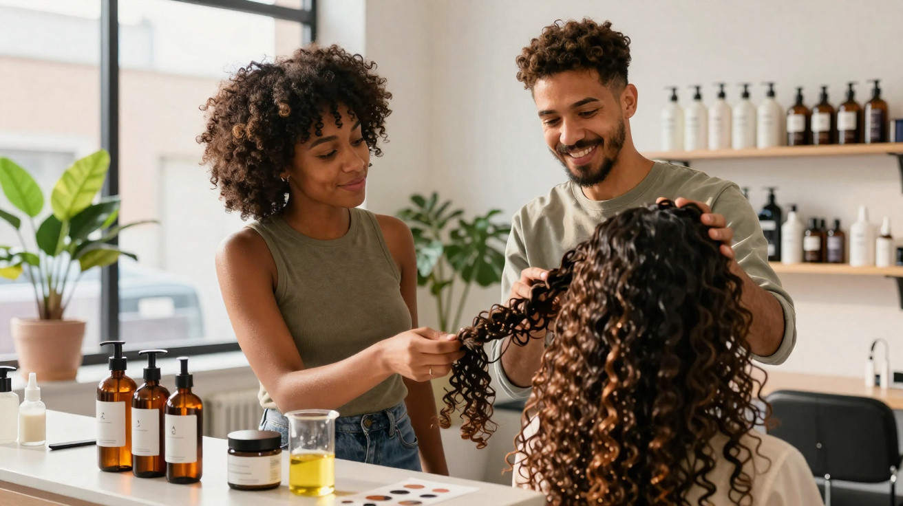 Profissional atende cliente com cabelo cacheado em salão, analisando textura e produtos capilares ao redor.