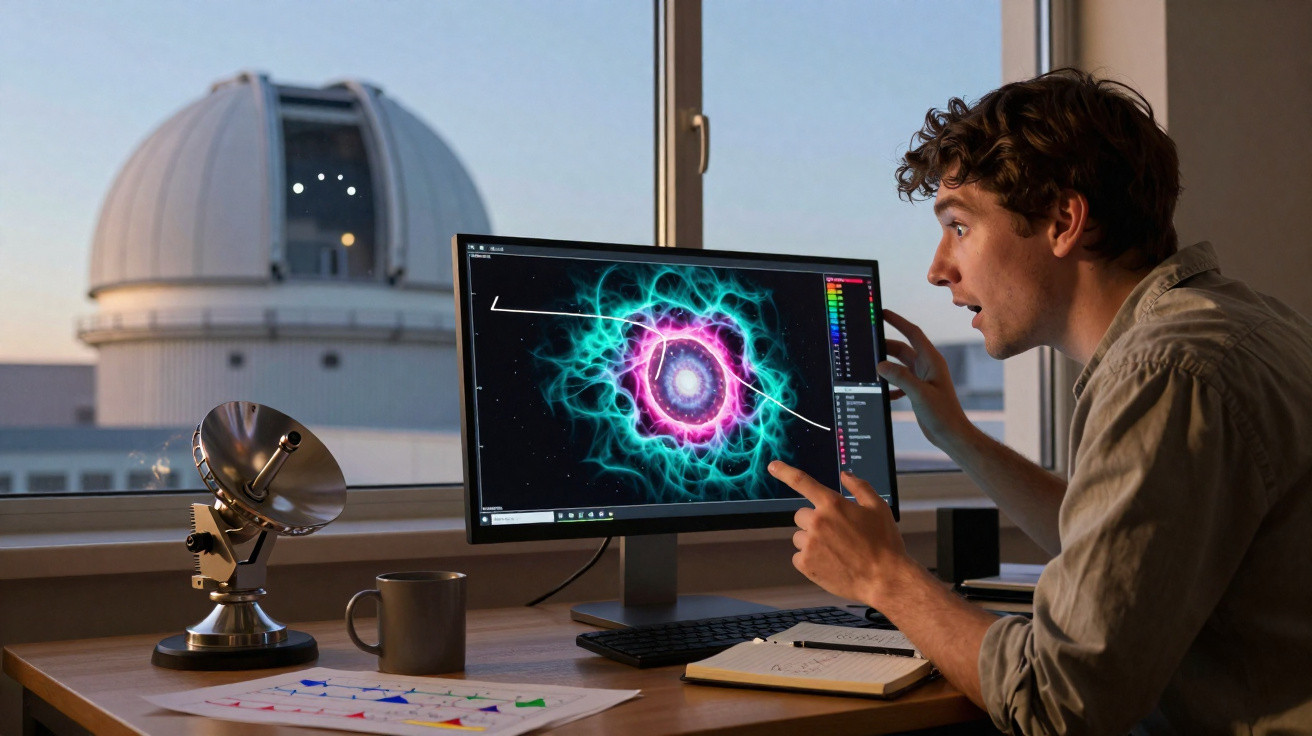 Jovem cientista observa imagem colorida e vibrante de estrutura cósmica na tela de computador em laboratório.
