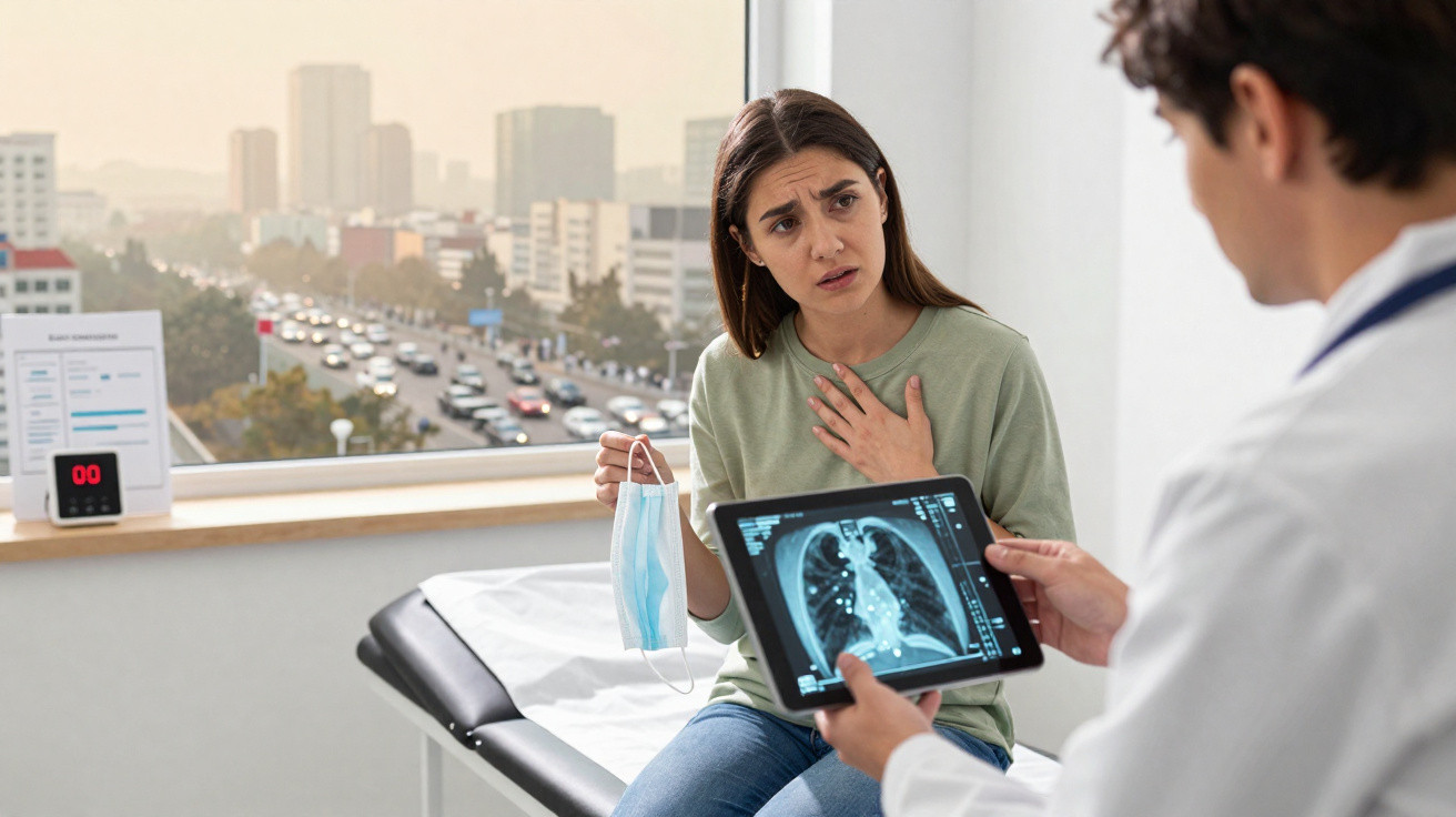 Mulher preocupada segurando máscara médica enquanto ouve médico mostrando raio-x de pulmões em tablet.