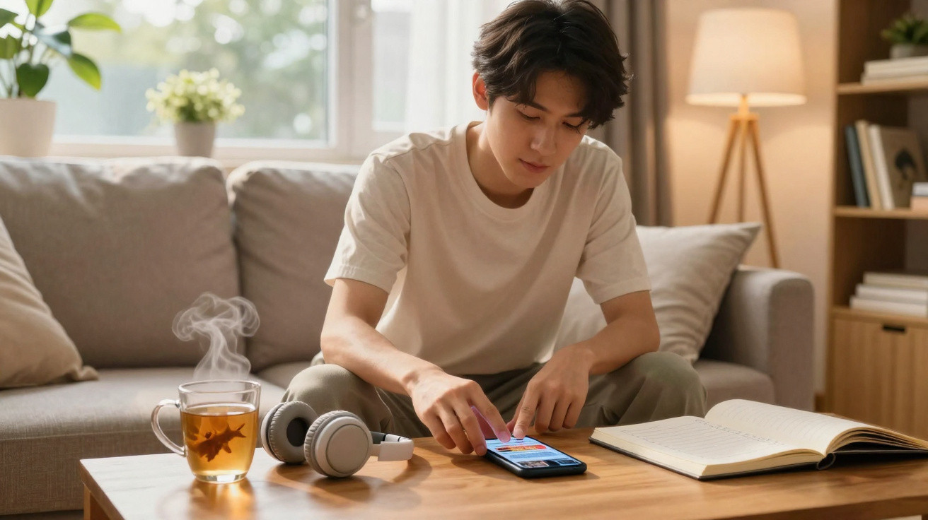 Jovem sentado no sofá usando celular, com fones de ouvido, chá quente e livro aberto na mesa à sua frente.