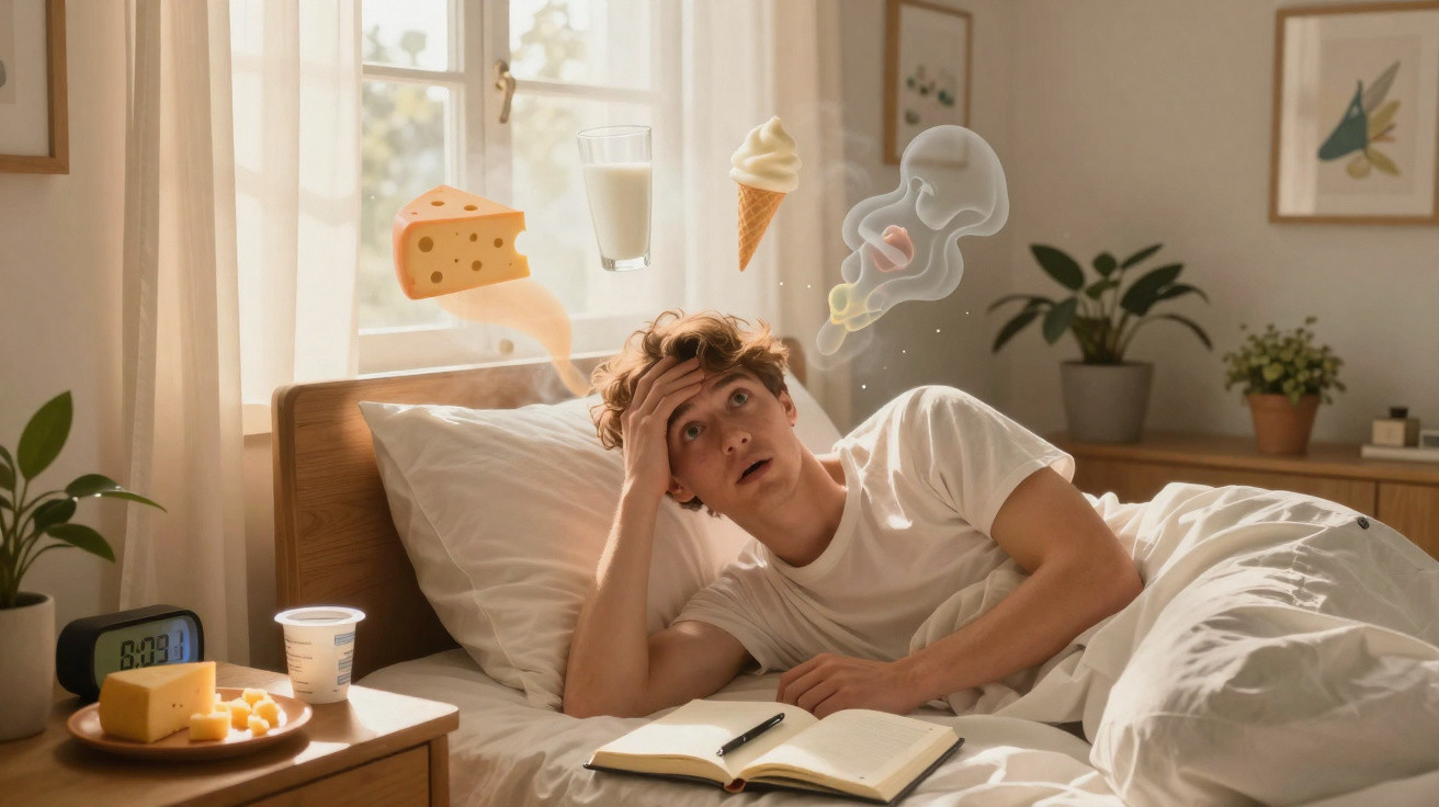 Jovem na cama com expressão preocupada, imaginando alimentos e fumaça ao redor, luz natural no quarto.