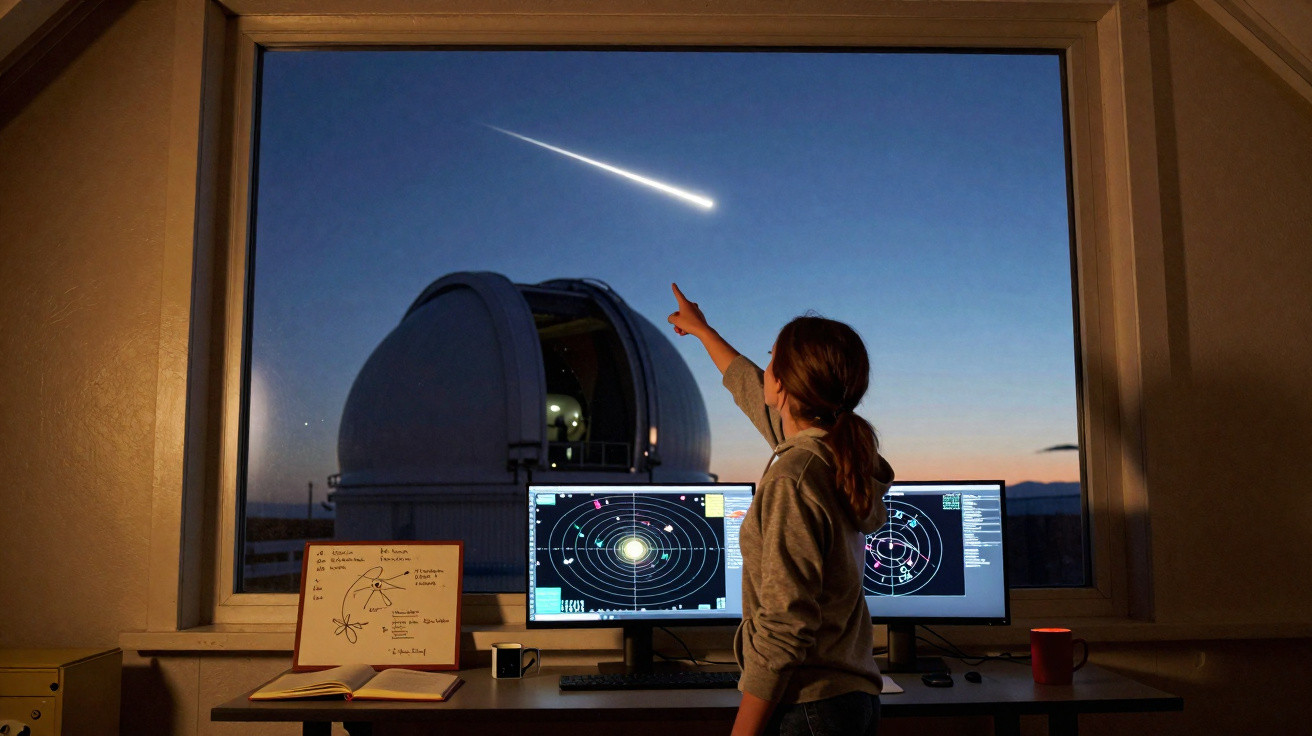 Mulher aponta para meteoro brilhante visto em janela de sala com computadores e cadernos de astronomia.