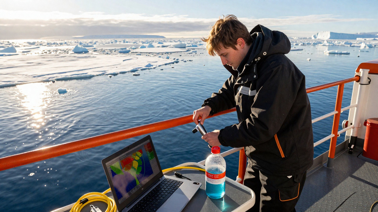 Pesquisador coleta amostra de água do mar em navio perto de icebergs em região polar.