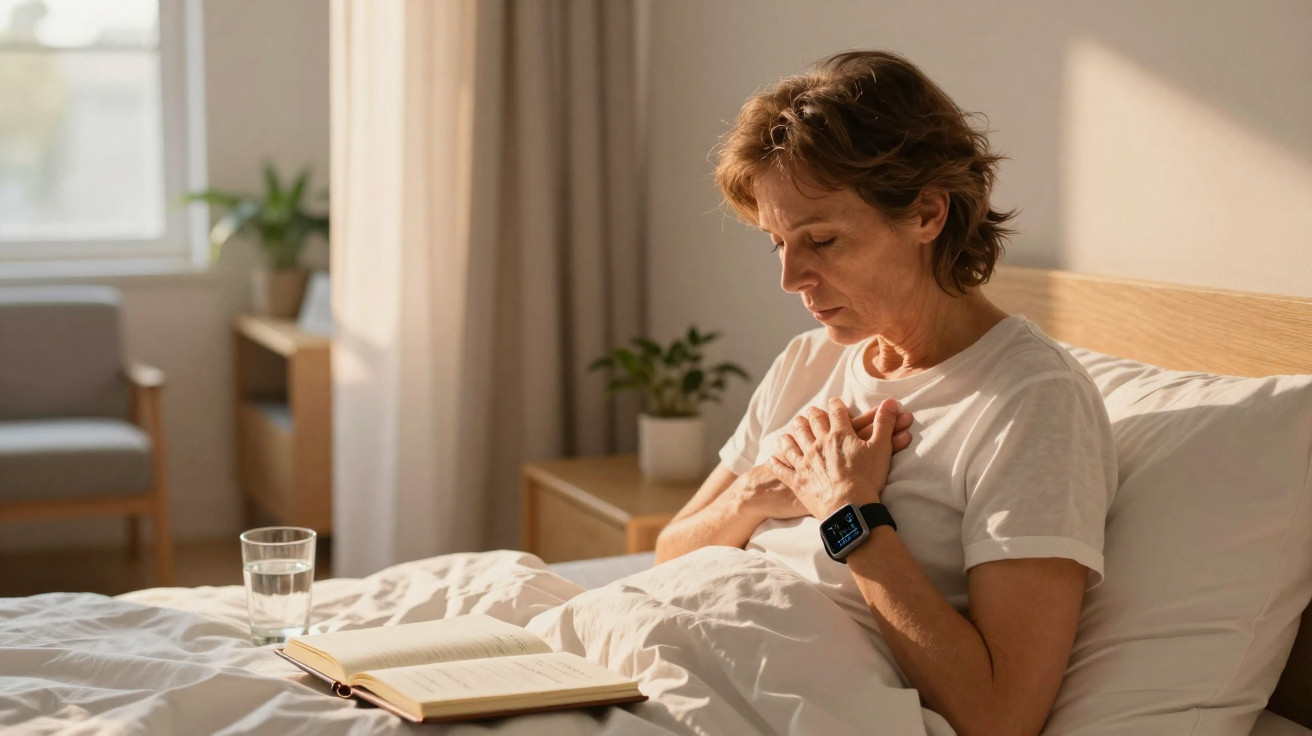 Mulher sentada na cama com expressão de dor segurando o peito, ao lado um livro aberto e um copo d'água.