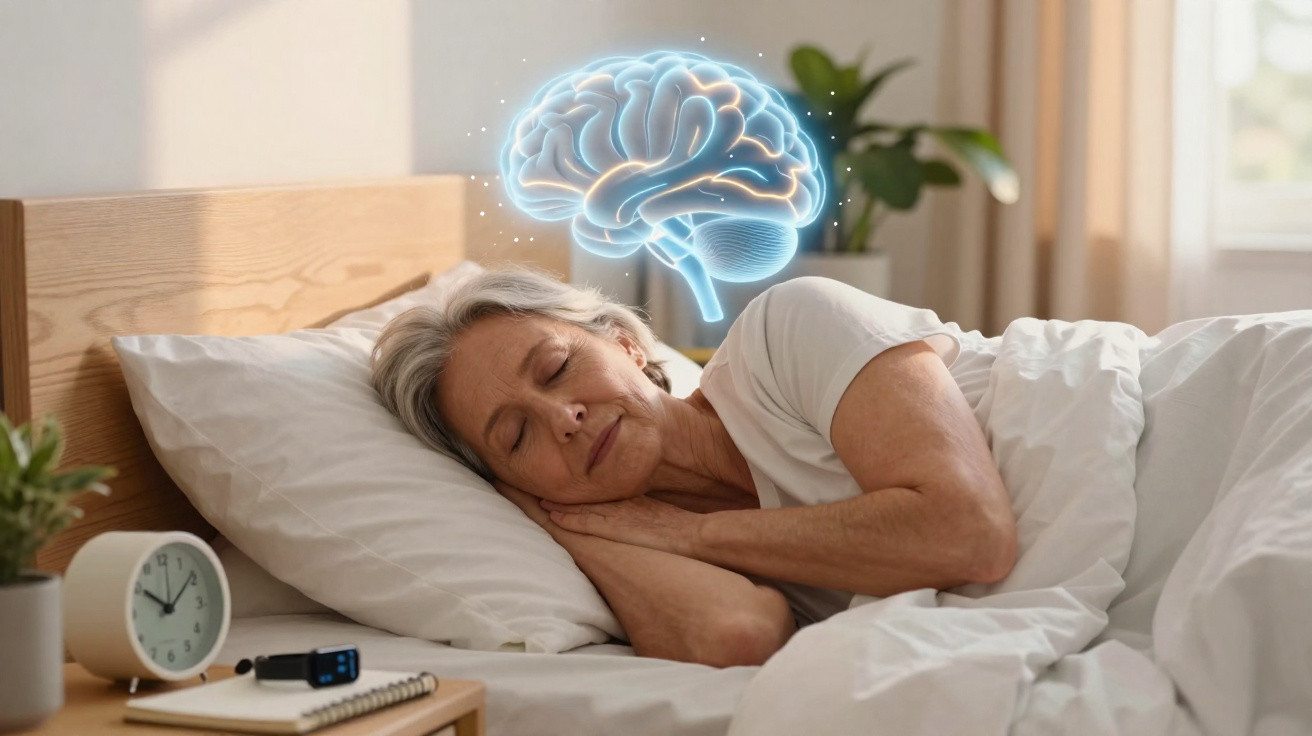 Mulher idosa dormindo na cama com ilustração digital de cérebro azul brilhante acima da cabeça.