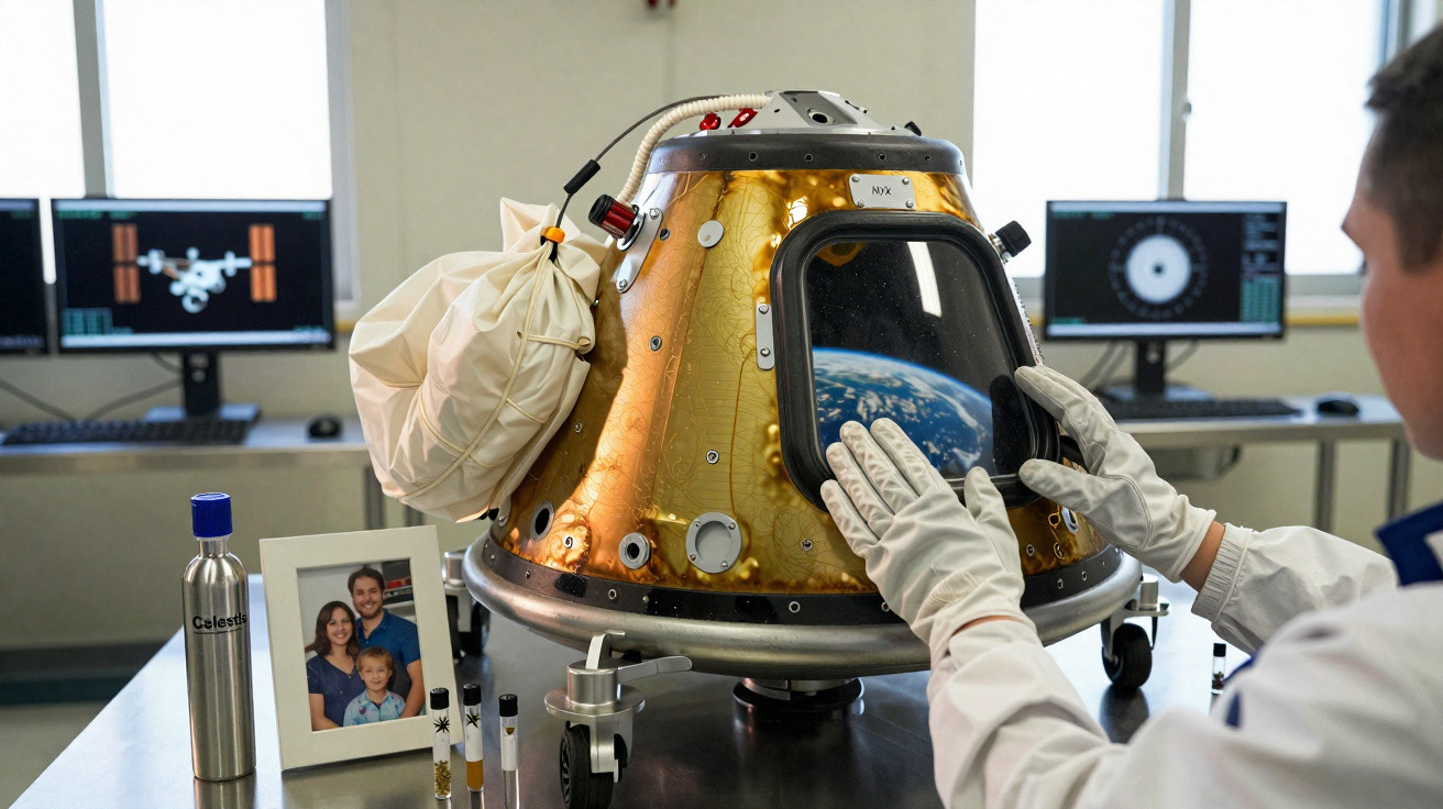 Pesquisador em laboratório manuseia cápsula espacial dourada com luvas brancas, com telas e foto de família ao fundo.