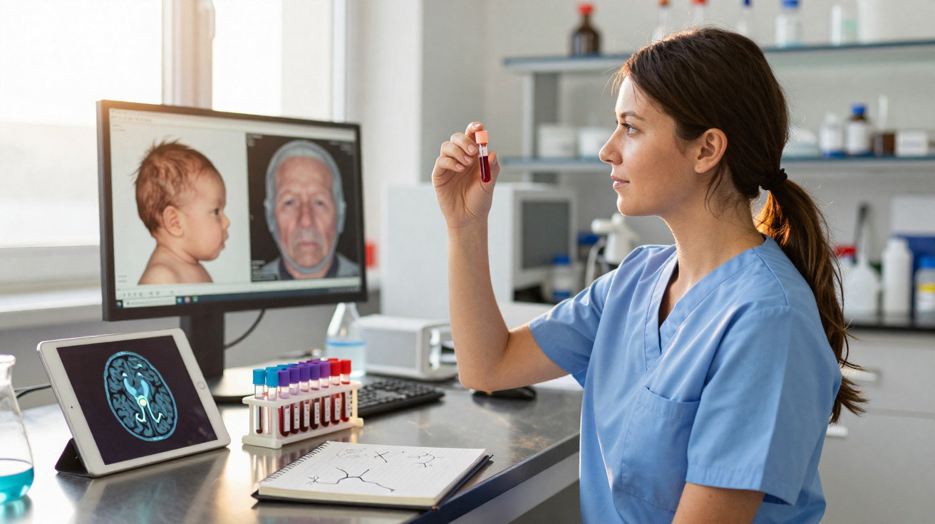 Mulher em laboratório analisando amostra de sangue com imagens de cérebros e faces humanas ao fundo.