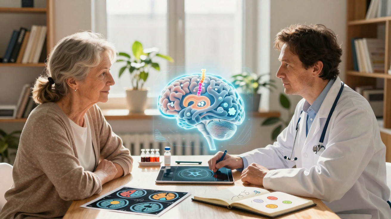 Médico e paciente sênior discutindo diagnóstico cerebral com imagem digital do cérebro holográfico entre eles.