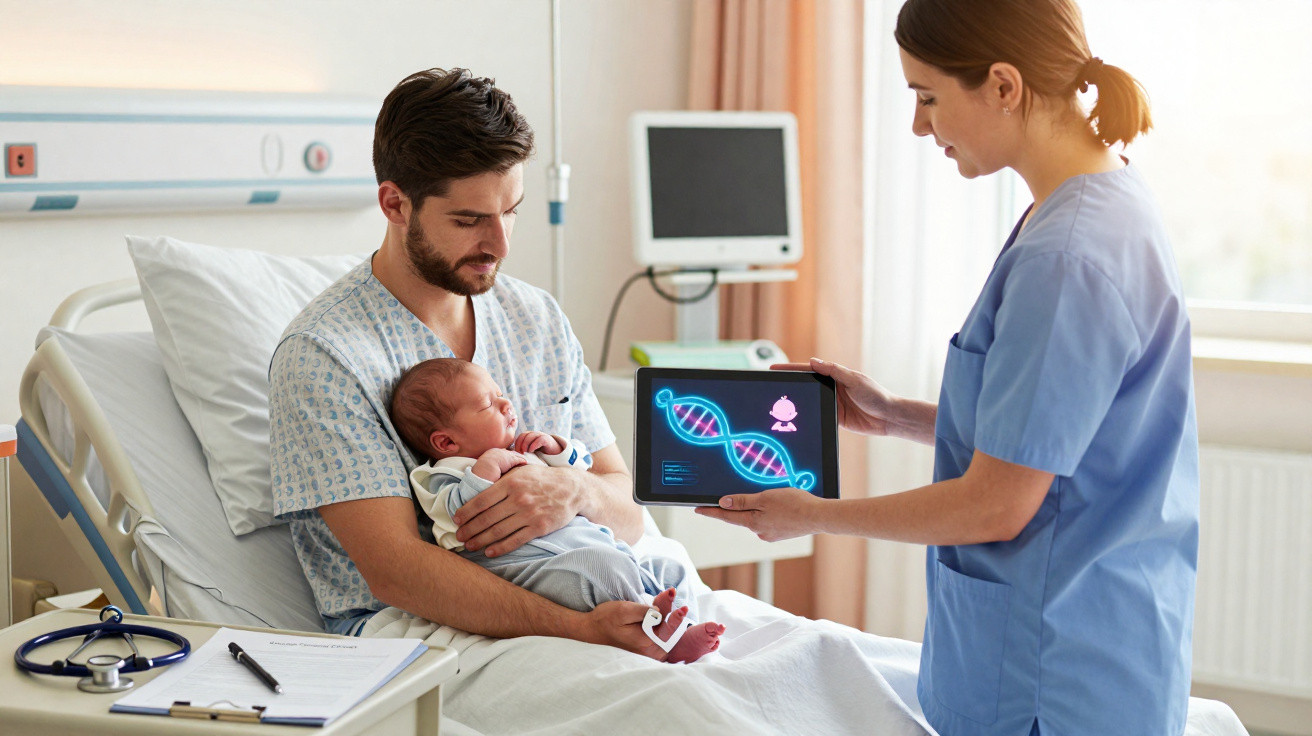 Pai segurando bebê no hospital enquanto médica mostra exame de DNA em tablet.
