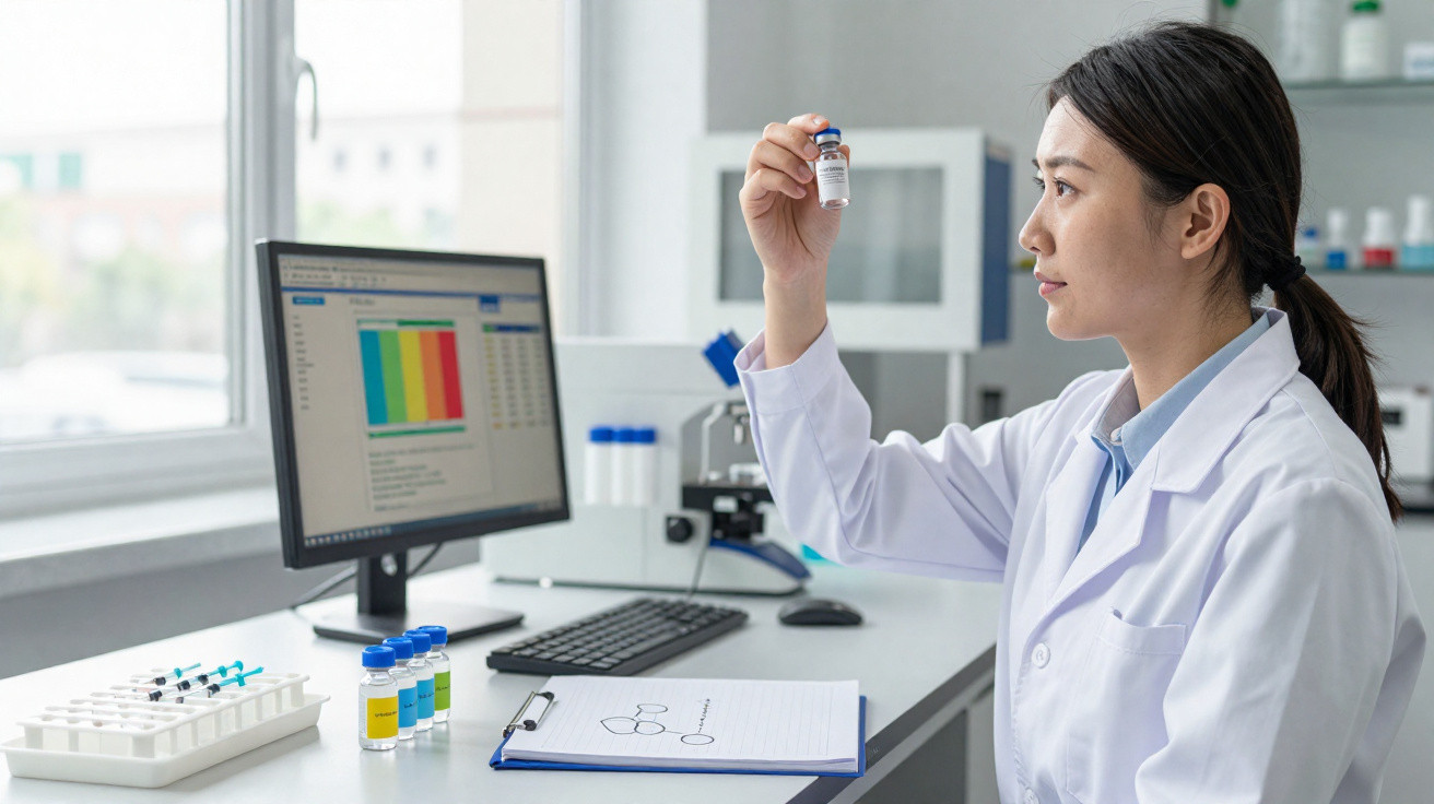 Cientista analisando amostra em recipiente transparente dentro de laboratório com computador e equipamentos.