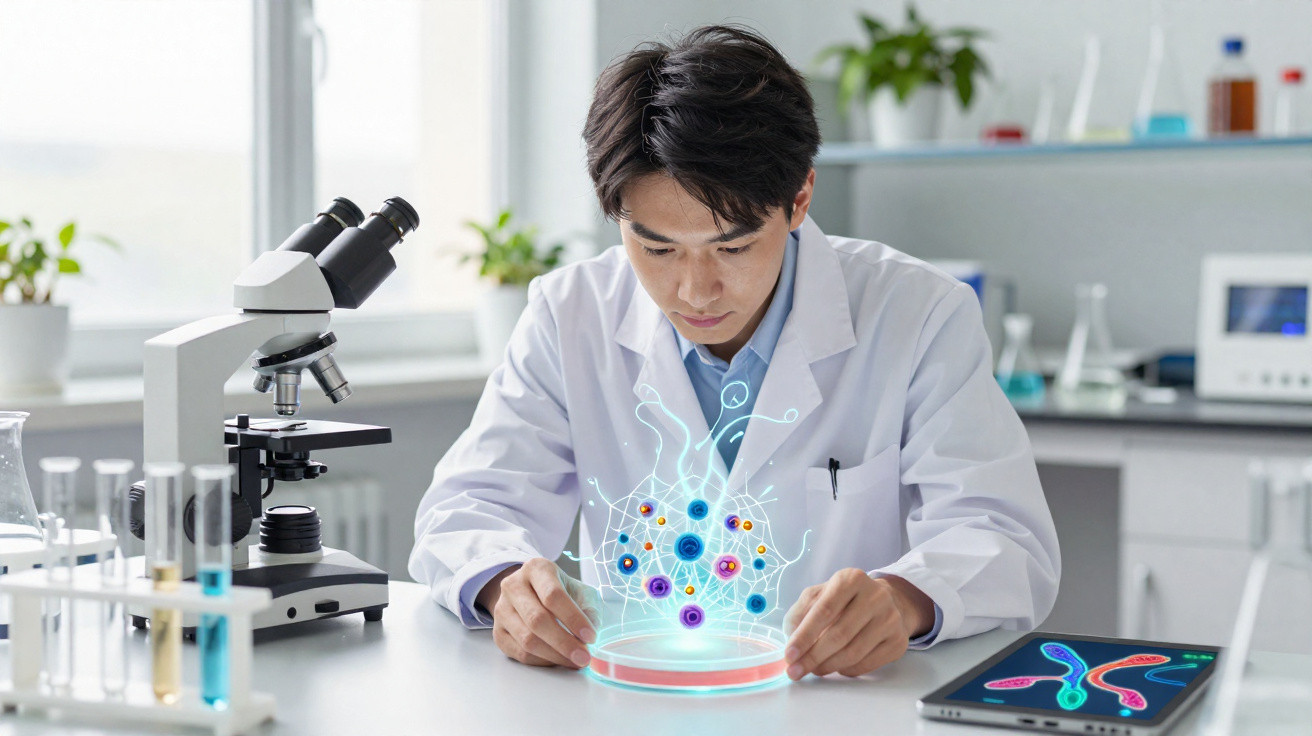 Cientista em laboratório analisando holograma de moléculas em lâmina de petri com microscópio ao lado.