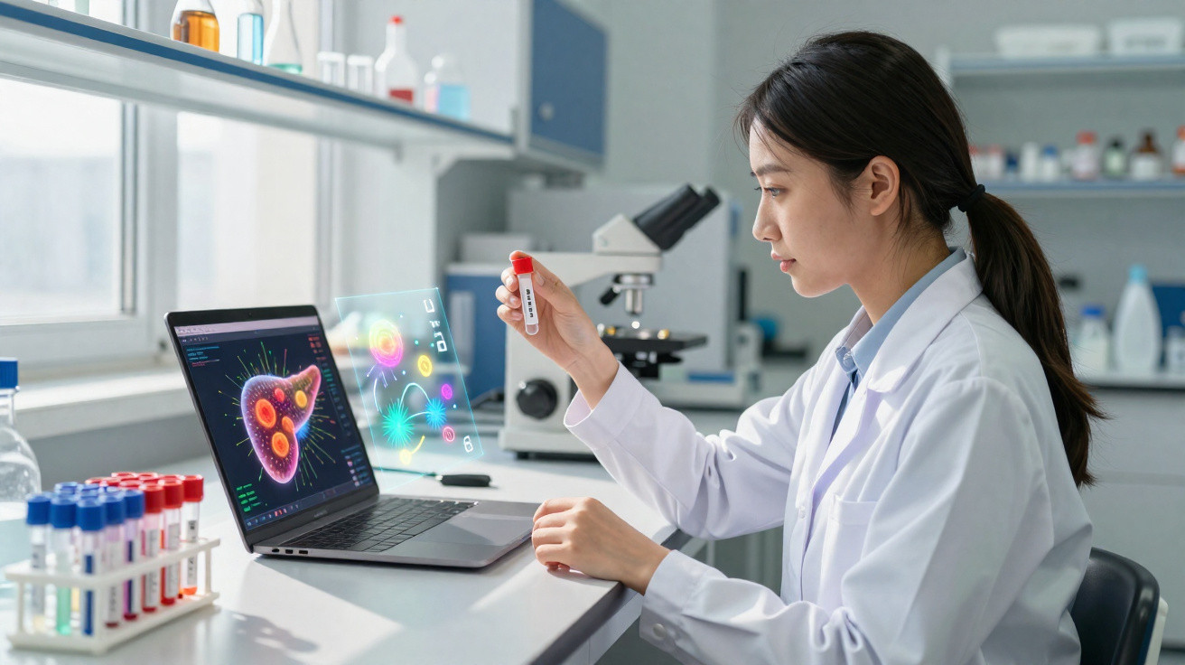 Cientista em laboratório analisando amostra de sangue com imagens digitais holográficas ao lado de laptop.