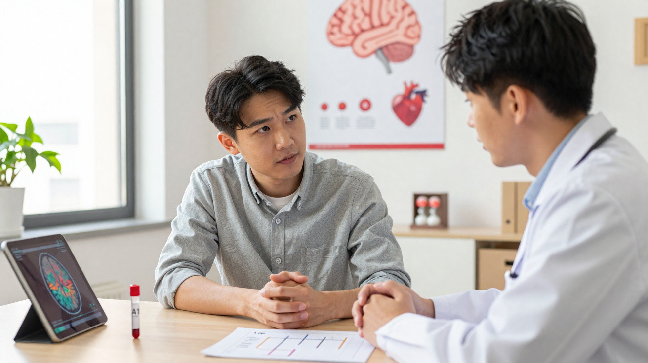 Paciente conversa com médico em consultório sobre exames de tomografia cerebral exibidos em tablet.