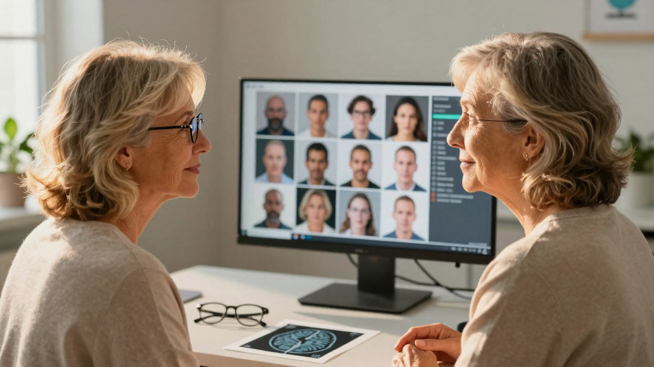 Duas mulheres idosas conversam em frente a um computador com fotos de rostos na tela.
