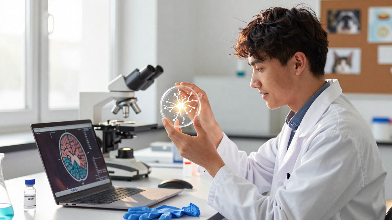 Cientista em laboratório segurando um modelo brilhante de neurônio com laptop e microscópio na mesa.