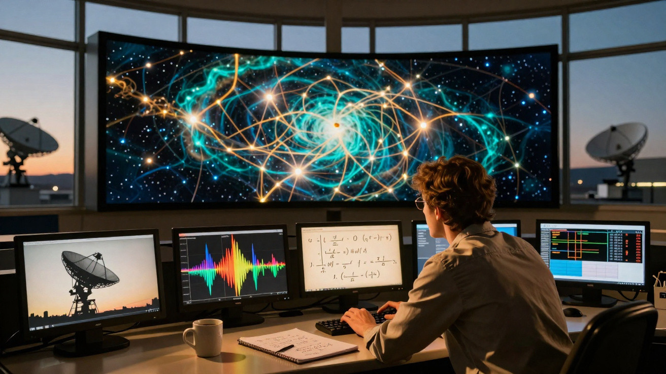Pessoa analisando dados científicos em múltiplas telas com gráficos, fórmulas e imagens de satélite.