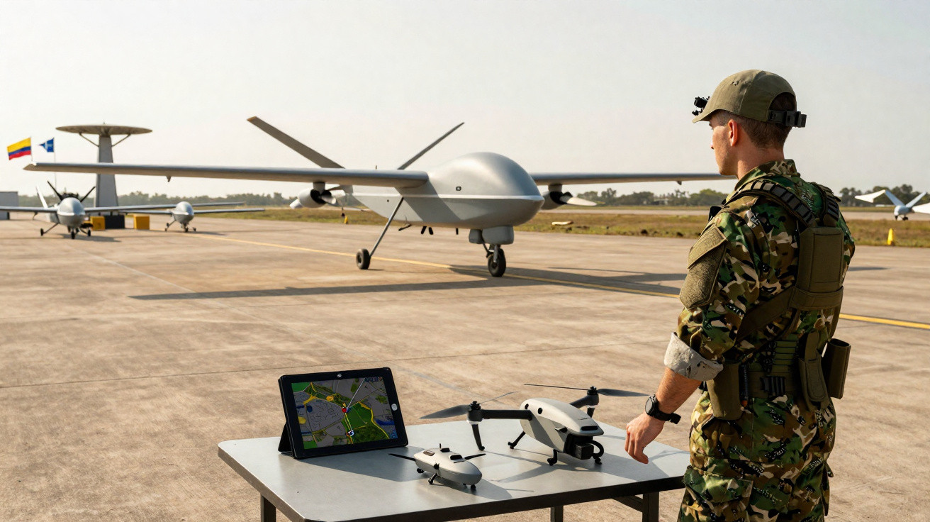 Soldado em uniforme camuflado controla drones militares próximos a aeronaves não tripuladas em pista de aeroporto.