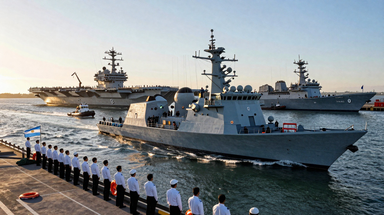 Navios militares no mar com marinheiros alinhados no cais durante o pôr do sol.