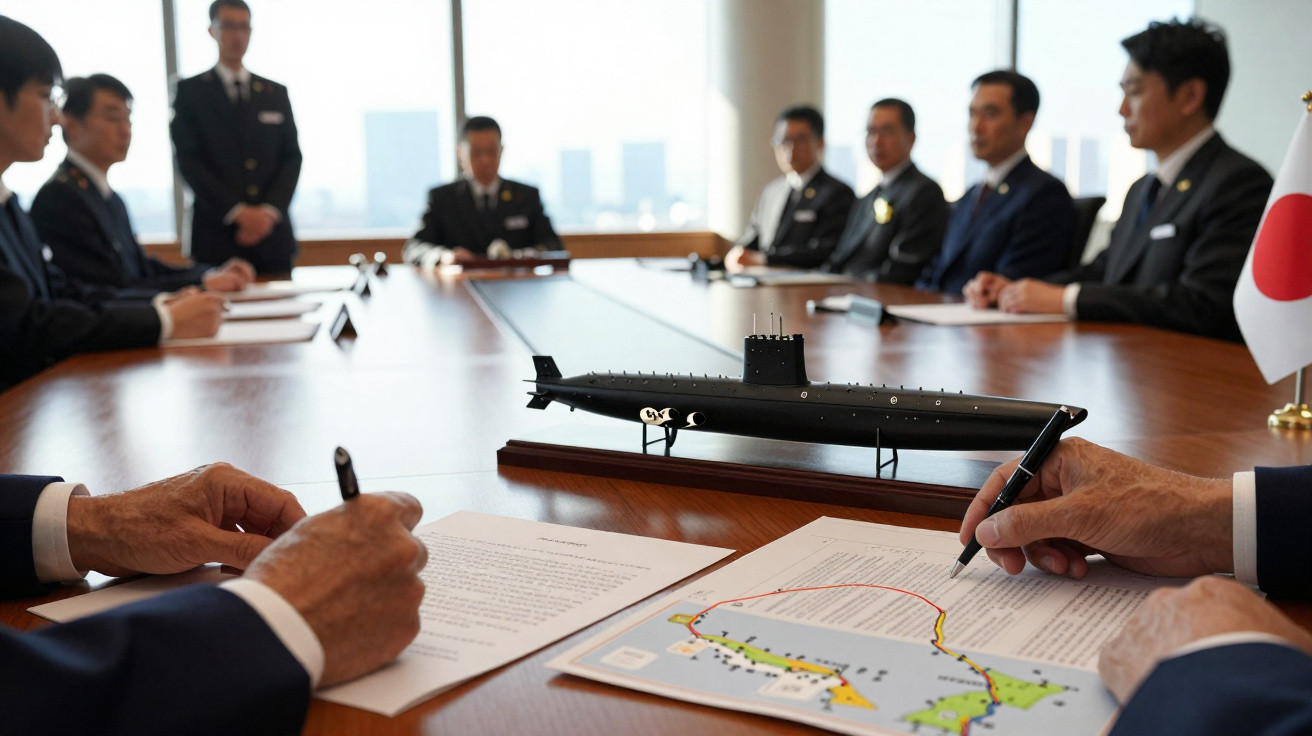 Reunião formal com homens de terno, mapa e maquete de submarino sobre mesa de madeira.