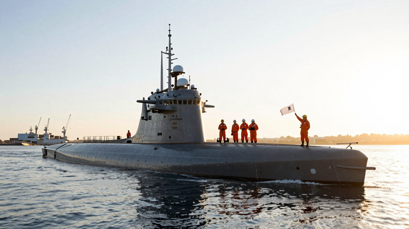 Submarino cinza com seis tripulantes em roupas laranjas navegando em águas calmas ao pôr do sol.