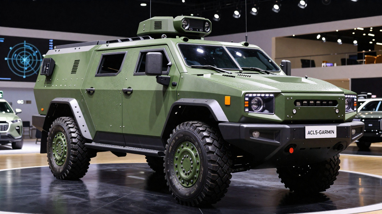 Veículo blindado militar verde com pneus grandes exposto em salão de tecnologia automotiva.