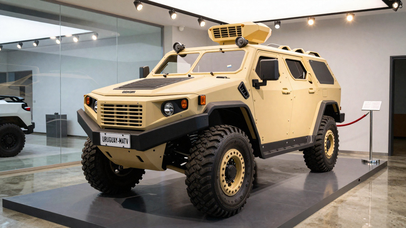 Veículo militar blindado bege em exposição dentro de museu com paredes claras e piso de cimento polido.