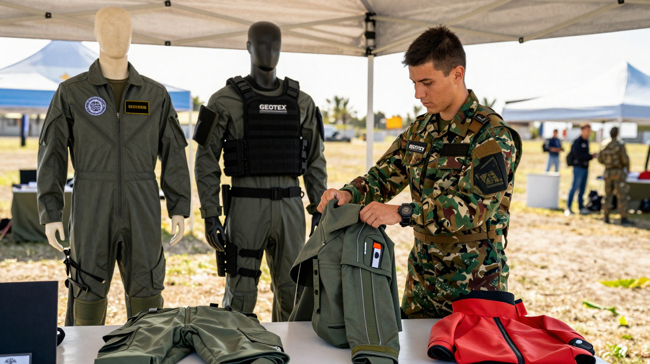 Militar em uniforme camuflado organizando roupas táticas sob tenda ao ar livre com manequins ao fundo.