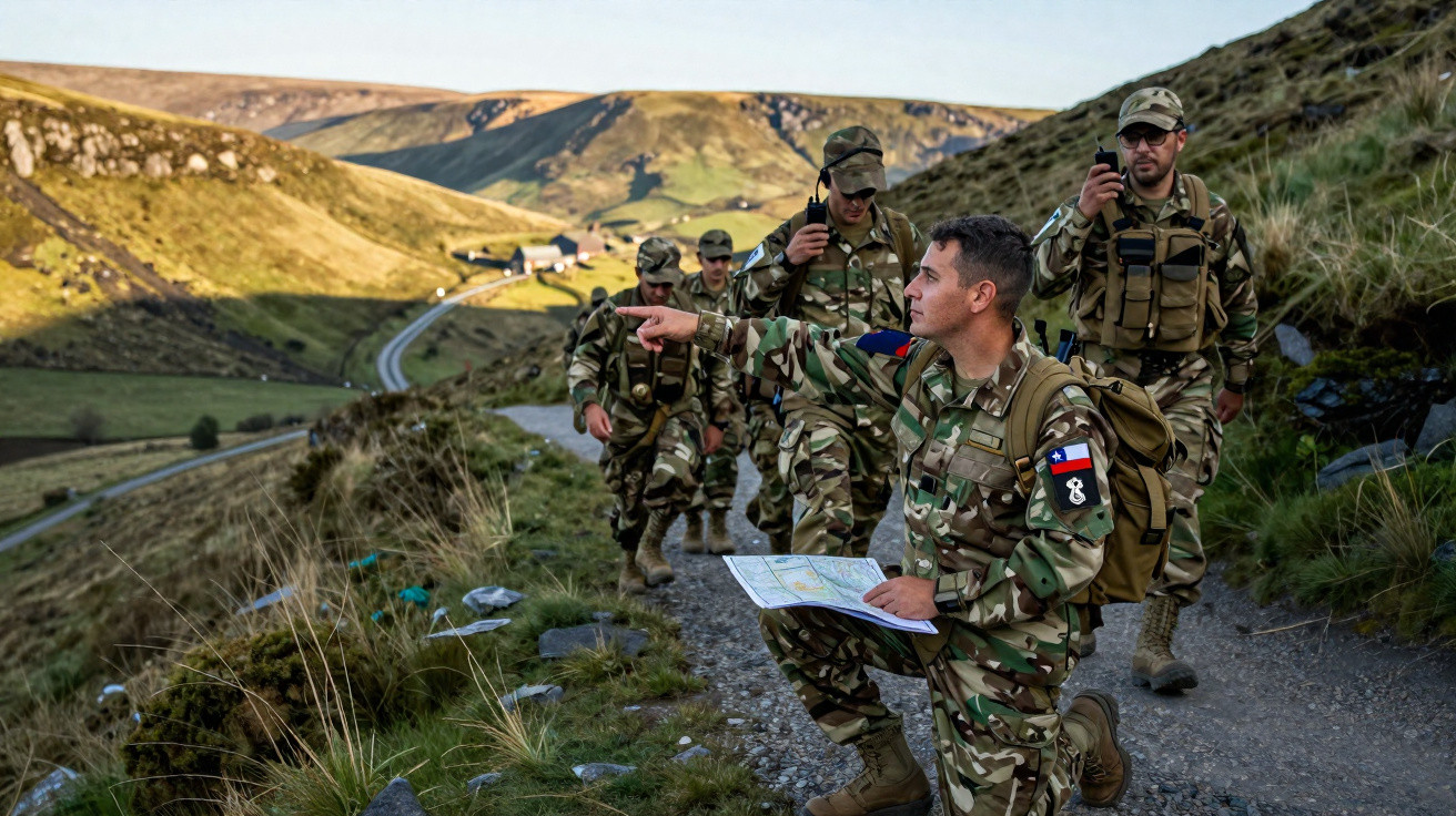 Soldados em uniforme camuflado caminham por trilha montanhosa, um deles consulta mapa e aponta direção.