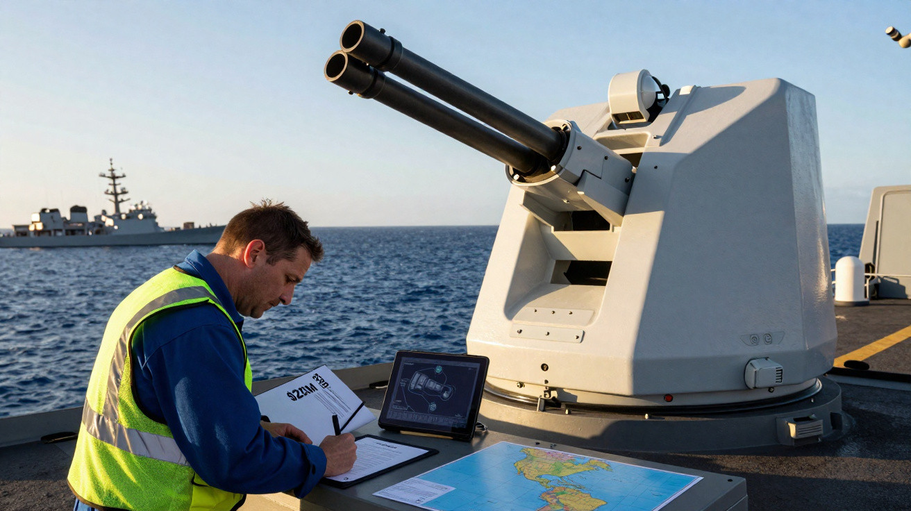 Homem com colete refletivo trabalha com documentos e mapa próximo a arma de canhões em navio no mar.
