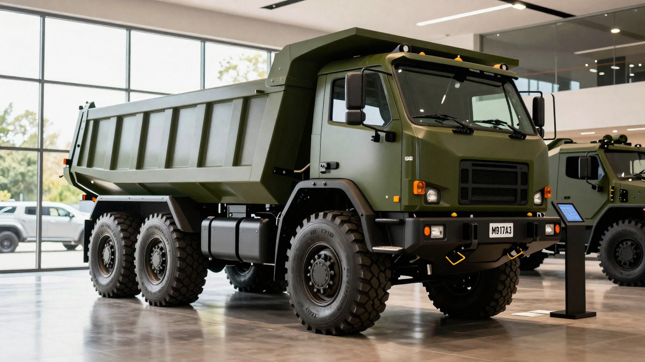 Caminhão militar verde com 6 rodas exposto em ambiente interno com piso refletivo e janelas amplas.