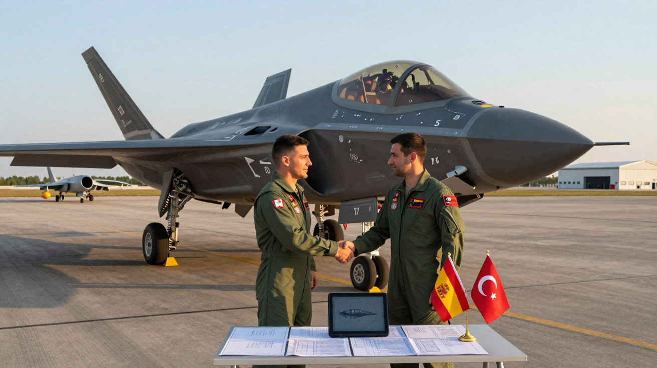 Dois pilotos militares apertam as mãos em frente a um caça furtivo F-35 na pista de um aeroporto.