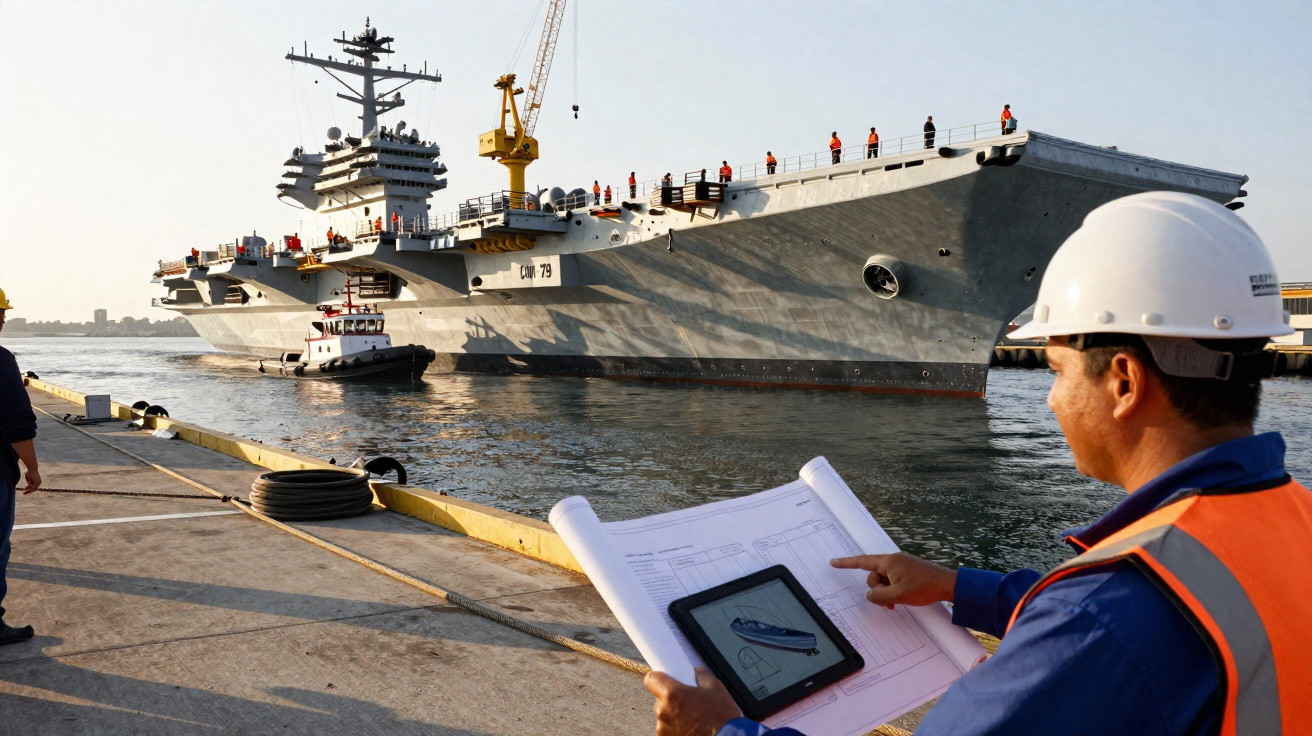 Homem com capacete e colete laranja analisa projeto em papel e tablet perto de navio militar atracado no porto.