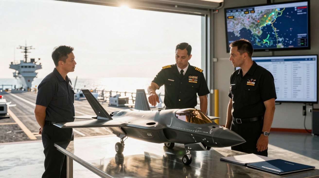 Três militares observam uma maquete de avião de caça em hangar com navio de guerra ao fundo.