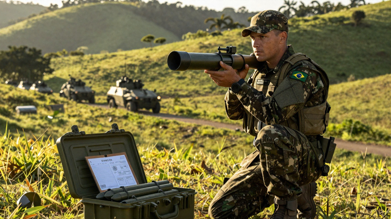 Soldado brasileiro em uniforme camuflado ajoelhado em campo, mirando lança-foguetes com viaturas militares ao fundo.