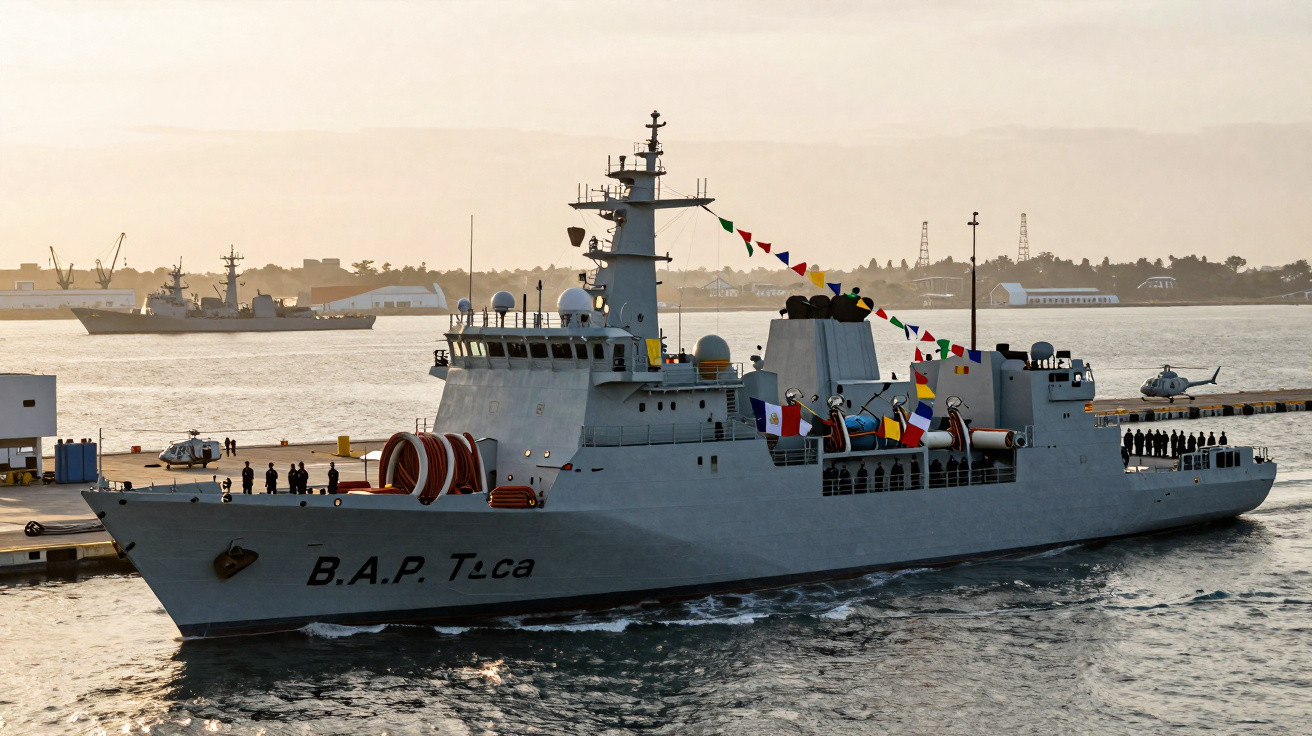 Navio militar B.A.P. T òca navegando próximo ao porto ao entardecer com pessoas e bandeiras decorativas.