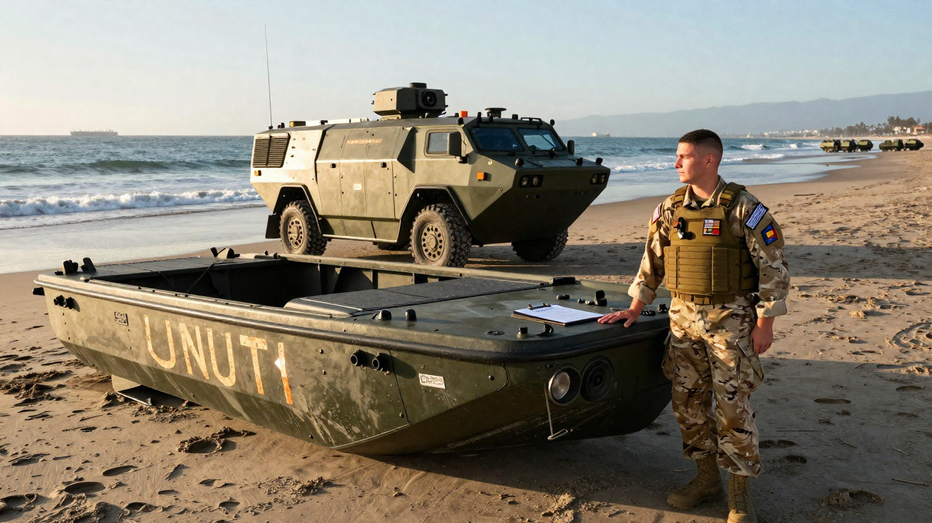 Soldado em farda camuflada e colete tático ao lado de embarcação e veículo militar na praia ao entardecer.