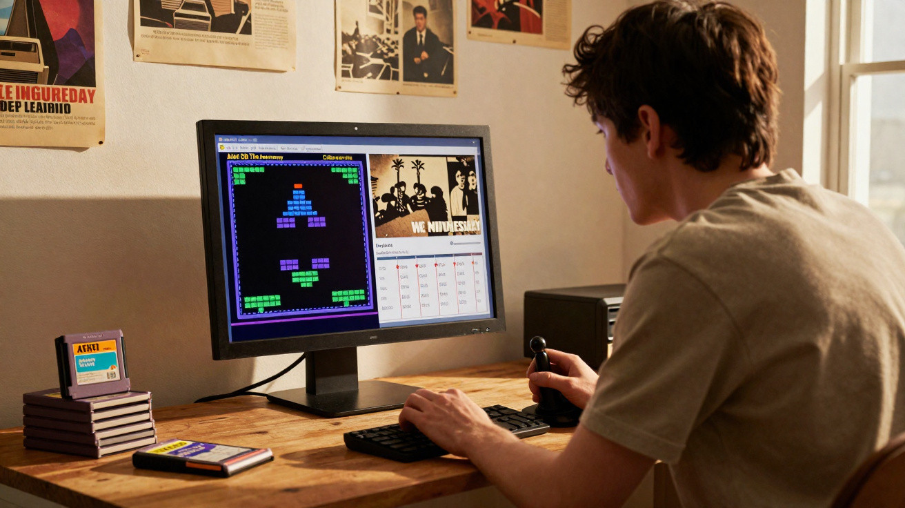 Jovem jogando videogame retrô em computador antigo com cartuchos e pôsteres na parede.