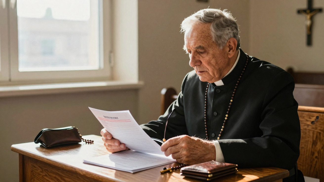 Padre idoso em batina lendo documentos sentado em banco de madeira dentro de igreja iluminada pela janela.